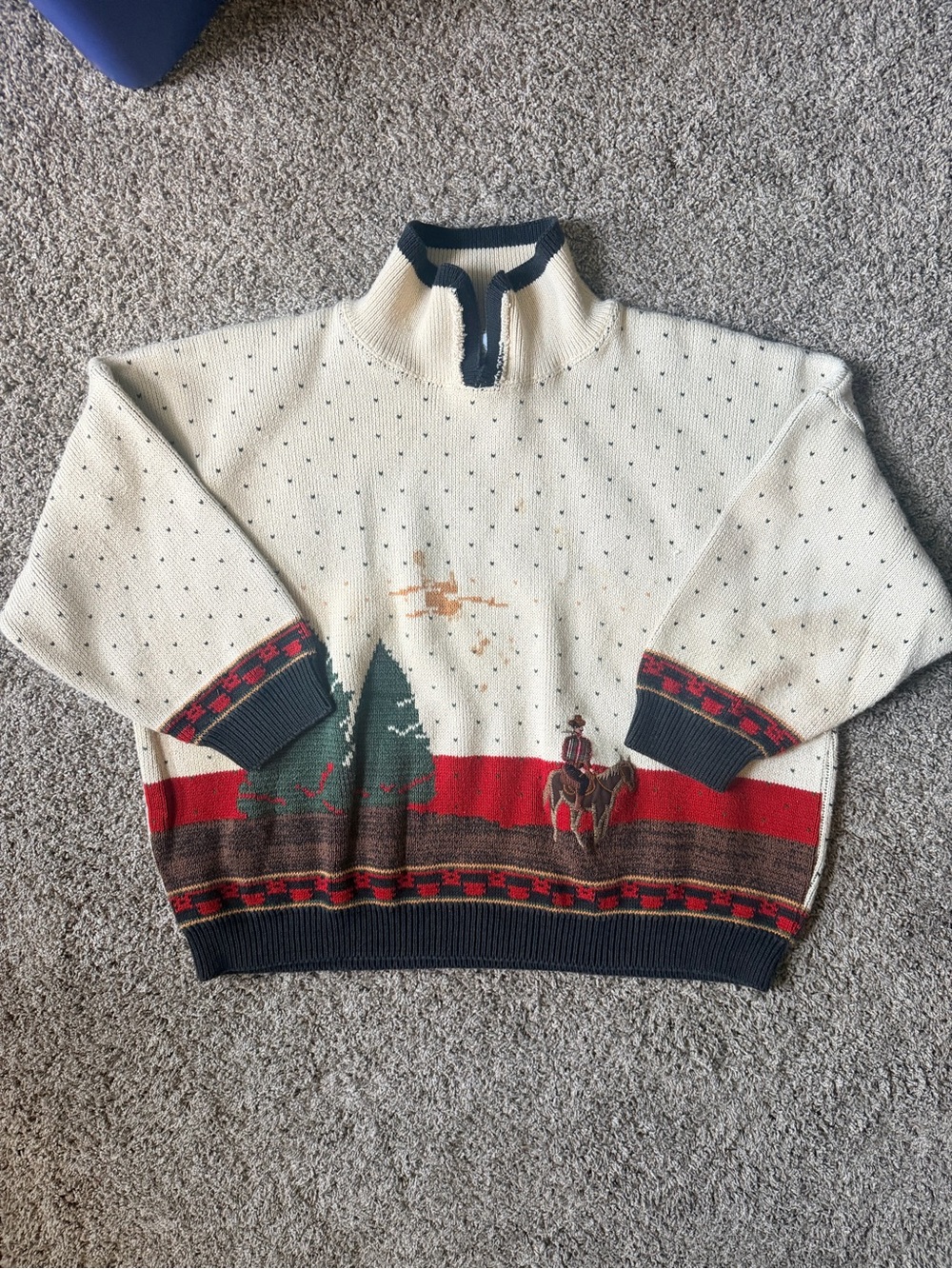 Cream Quarter-Zip Knit Sweater with Scenic Stripe Detail